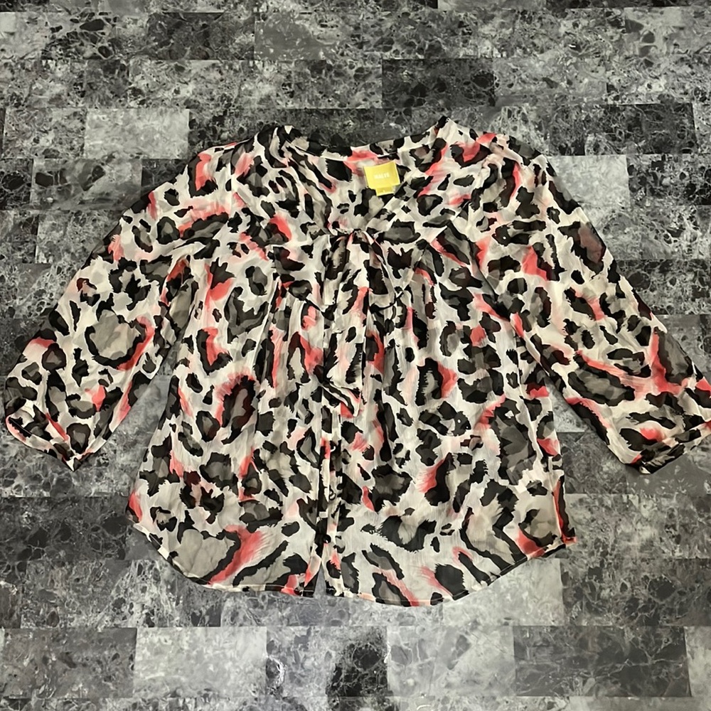 Anthropologie Maeve Cream, Black & Coral Animal-Print Tie-Neck Silk Blouse
